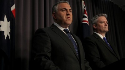 Hockey and Cormann reveal the MYEFO figures. Photo: Alex Ellinghausen (image from canberratimes.com.au)