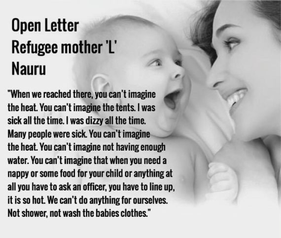 Western mother and baby image overlaid with the words of one of the refugee mothers on Nauru