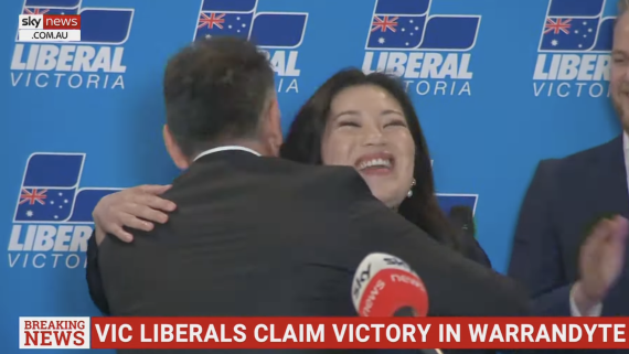 John Pesutto embraces Nicole Werner after her by-election win in Warrandyte