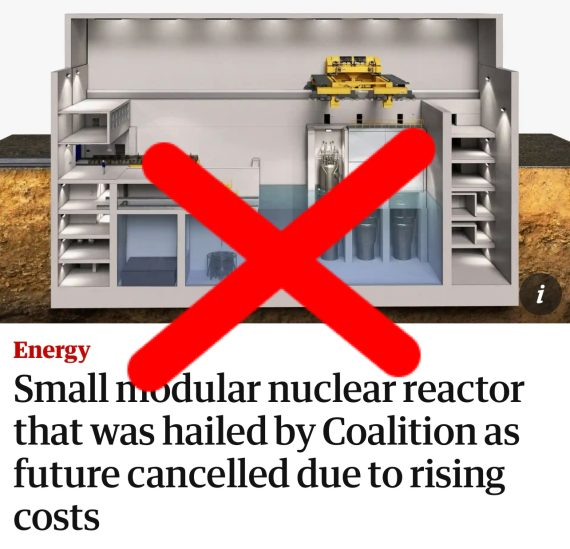 Crossed out headline reporting the SMR nuclear project cancelled due to rising costs.