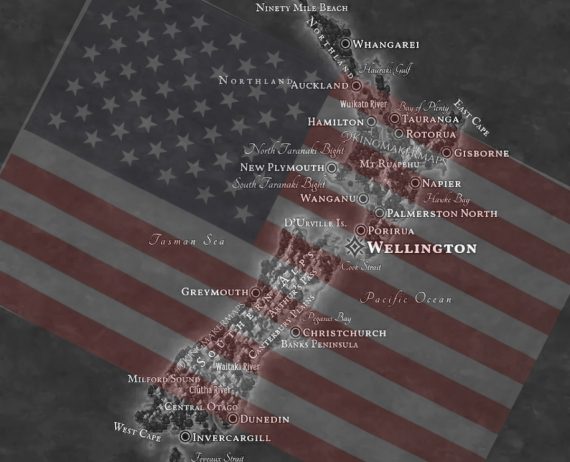 NZ's islands overlayed by the US flag.