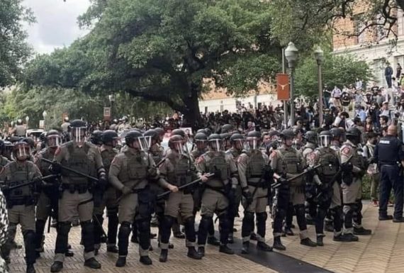 Massed forces on campus at the University of Texas Austin to end protests for Gaza.