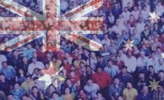 Image of people overlaying Australian flag